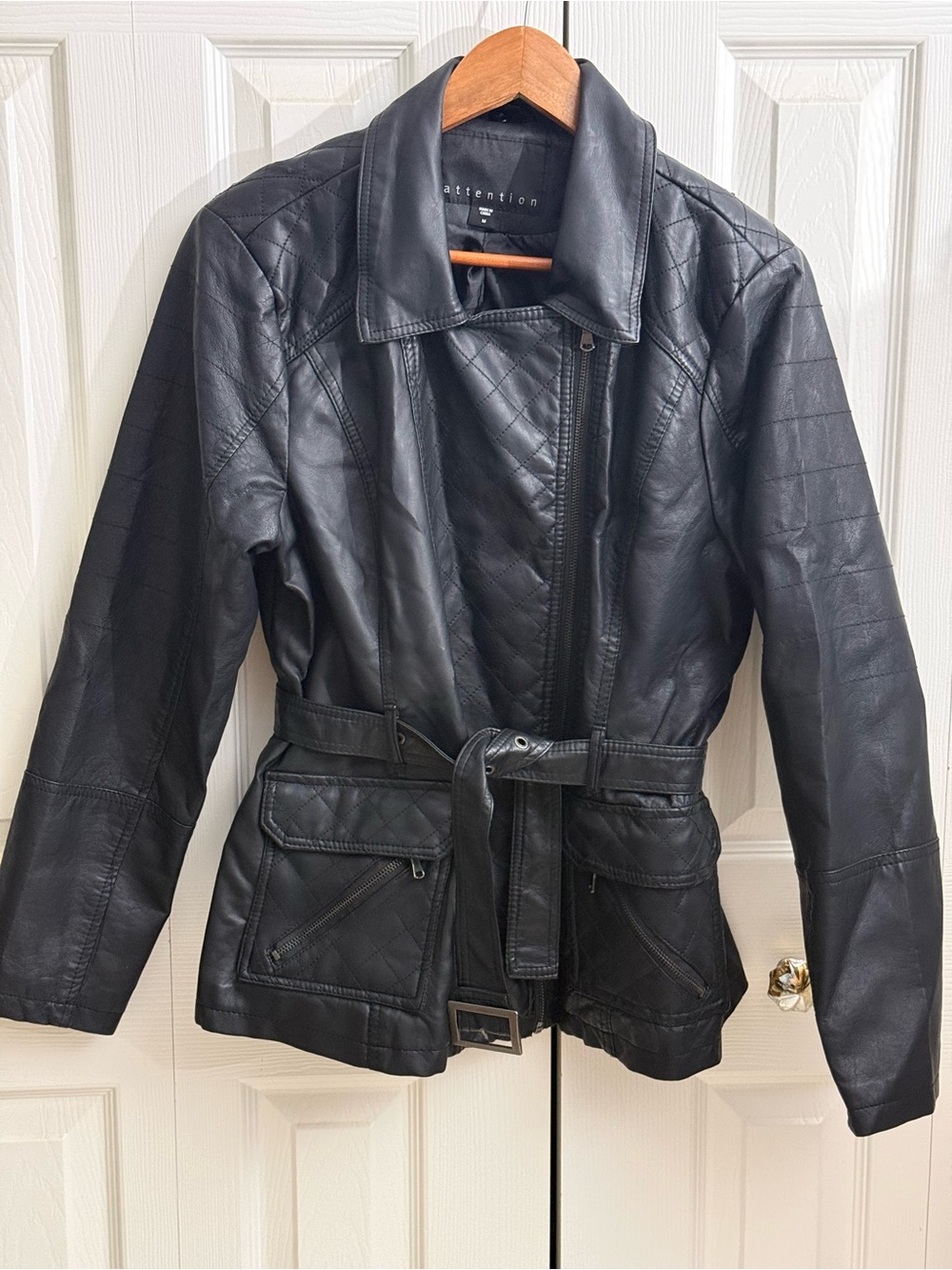 attention Black Quilted Faux-Leather Belted Jacket